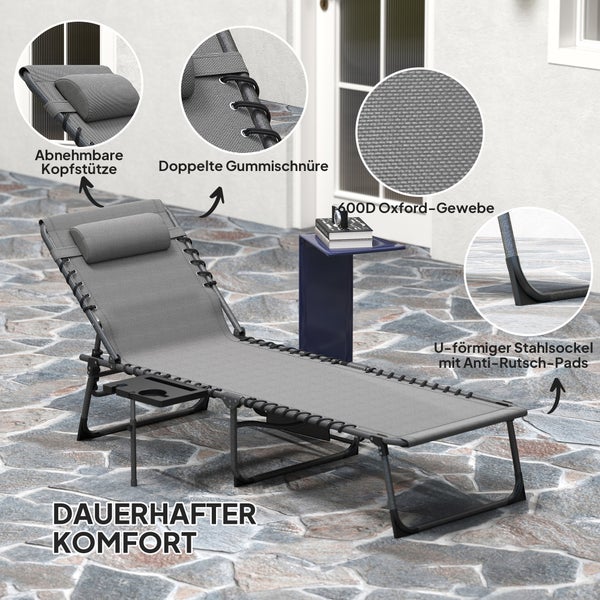 Graue Sonnenliege mit abnehmbarer Kopfstütze, Oxford Gewebe, doppelten Gummischnüren und rutschfestem Stahlsockel.