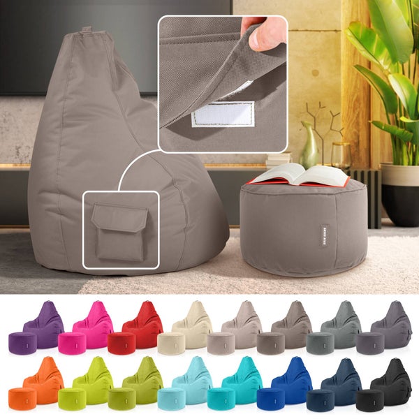 Green Bean 2er Set Sitzsack + Hocker - fertig befüllt - robust waschbar schmutzabweisend - Kinder & Erwachsene Bean Bag Bodenkissen Lounge Sitzhocker Relax-Sessel Gamer Gamingstuhl Pouf - Khaki