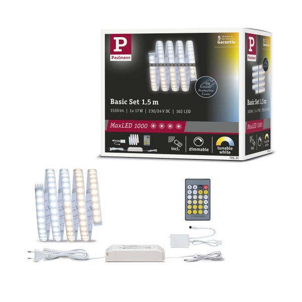 Lieferumfang eines LED Streifen Sets mit Fernbedienung, Netzteil und Steuereinheit, inklusive technischer Spezifikationen und Maße.