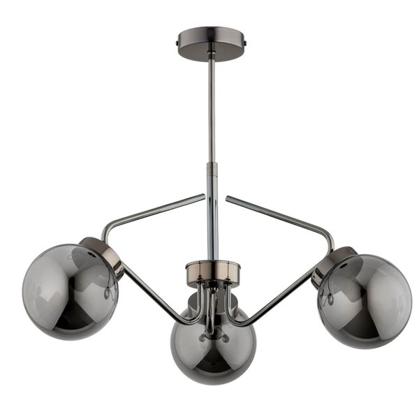 Moderne dreiflammige Deckenleuchte mit Kugelglasschirmen und Metallgestänge in moderner Optik.