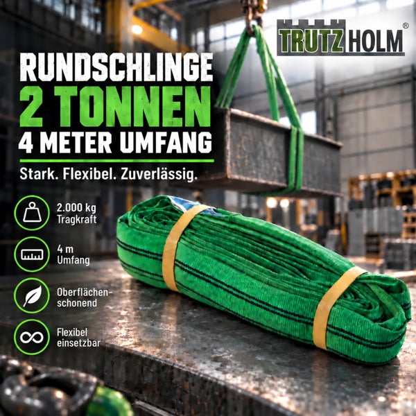 Trutzholm Rundschlinge mit 2 Tonnen Tragkraft und 4 Meter Umfang auf einer Werkbank in einer Lagerhalle, ideal zum Heben von Lasten.
