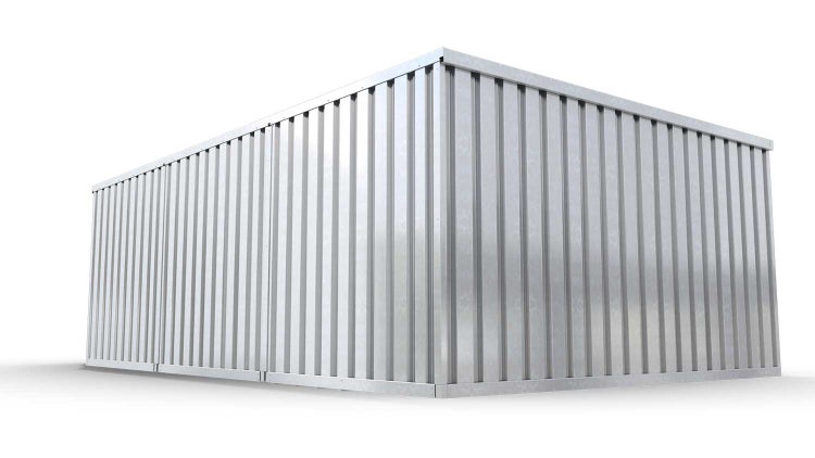 Lagercontainer Gerätehaus M3  – 18 qm, H2115 x B3050 x T6520 mm, verzinkt, ohne Fußboden, 1270 mm Einflügeltür mittig in Breitseite, zerlegt