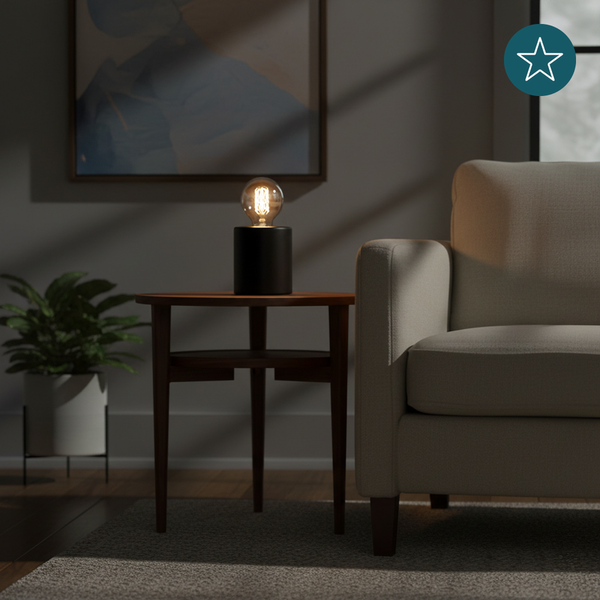 Wohnzimmer mit Lampe auf Beistelltisch und Sessel