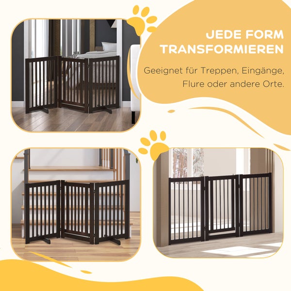 PawHut Absperrgitter Holz Freistehendes Schutzgitter für Hunde Türschutzgitter Verstellbares Hundegitter Treppengitter mit Füßen klappbares Kamingitter für Ofen Dunkelbraun 155 x 1,5 x 76 cm