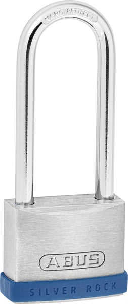ABUS Vorhängeschloss Silver Rock mit hohem Nano Protect Bügel und blauem Kantenschutz.