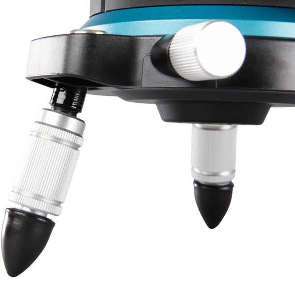 Detailansicht eines Nivelliergeräts mit Stativfüßen und Einstellknopf.