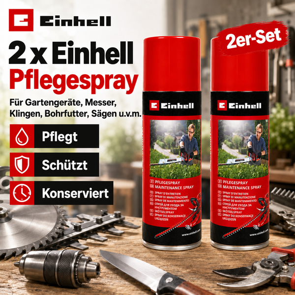Zwei Dosen Einhell Pflegespray für Gartengeräte und Werkzeuge auf einem Werkstatttisch