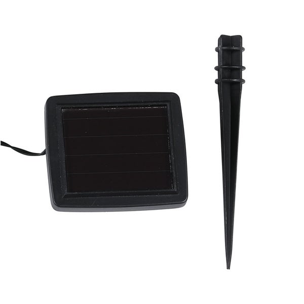 Solarpanel mit Erdspieß für Gartenbeleuchtung aus schwarzem Kunststoff.