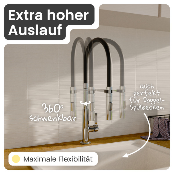 Küchenarmatur mit extra hohem Auslauf und 360 Grad Schwenkbereich, ideal für Doppelspülbecken.