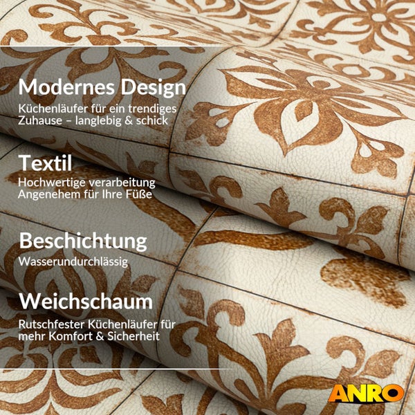 Küchenläufer aus Weichschaum mit Ornament-Muster, wasserundurchlässig, rutschfest, Textil-Oberfläche und ANRO Logo.