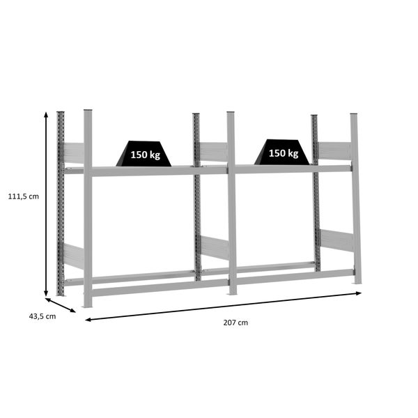 Metallregal mit Maßen: Höhe 111,5 Zentimeter, Breite 207 Zentimeter, Tiefe 43,5 Zentimeter, Tragkraft je Ebene 150 Kilogramm.