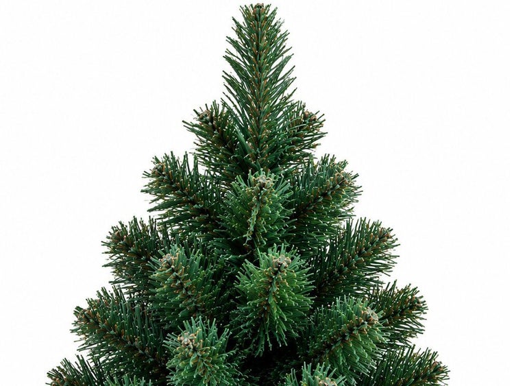Detailansicht der Spitze eines künstlichen Weihnachtsbaums mit naturgetreuen Nadeln.