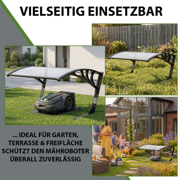 Vielseitige Mähroboter-Garage mit transparentem Dach und schwarzer Halterung in verschiedenen Gartenumgebungen zum Schutz des Mähroboters.
