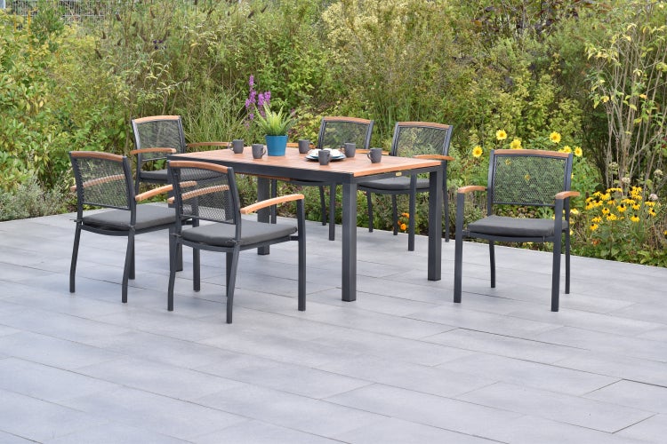 Tilos Gartenmöbelset 13tlg., Stapelsessel inkl. Auflagen, Ausziehtisch 150 (200) x 90 cm