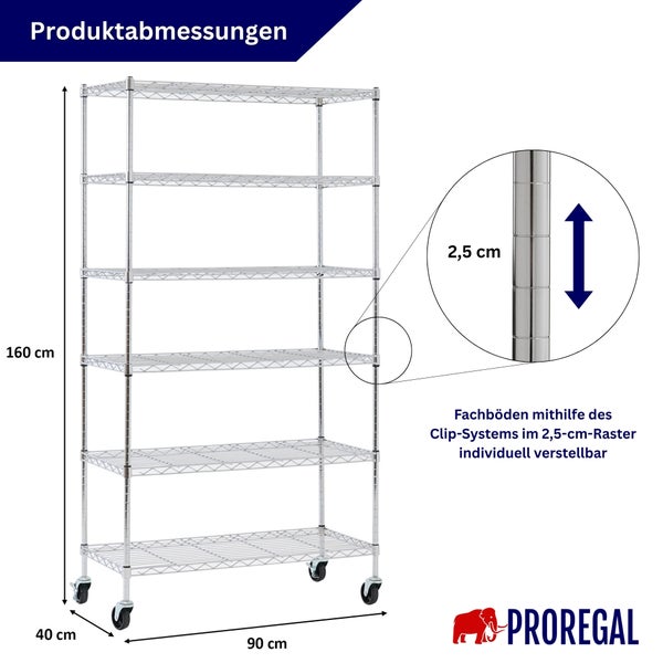 Metallregal auf Rollen, 160 mal 90 mal 40 Zentimeter. Fachböden im 2,5-Zentimeter-Raster höhenverstellbar. PROREGAL Logo.