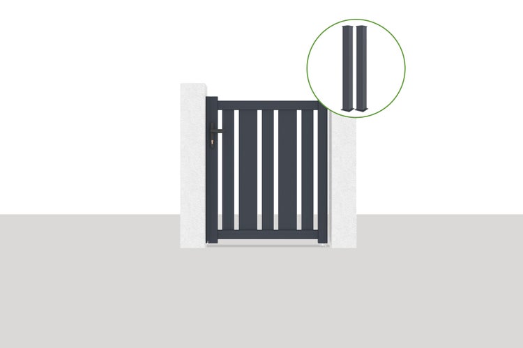 Gartentor aus Aluminium in Anthrazit mit vertikalen Lamellen, inklusive Türklinke, Schloss und zwei passenden Pfosten.