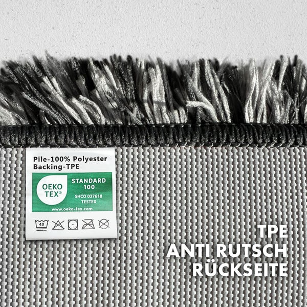 Detailansicht eines Teppichs mit Flor aus 100 Prozent Polyester, TPE-Rücken und Öko-Tex Siegel