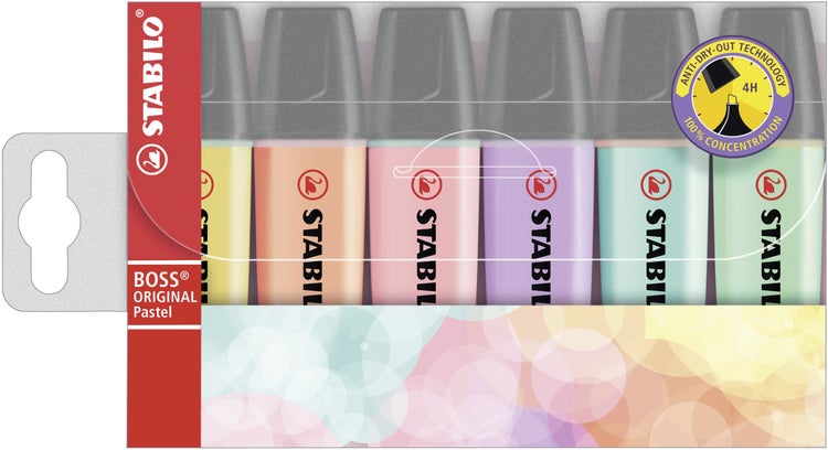 STABILO Textmarker BOSS ORIGINAL, 6er Set Pastellfarben pudriges Gelb, cremige Pfirsichfarbe, rosiges Rouge, Schimmer von Lila, Hauch von Minzgrün, zartes Türkis