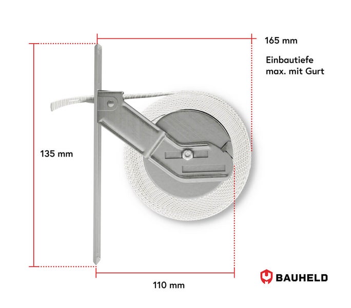 Ansicht der Abmessungen eines Gurtaufrollers