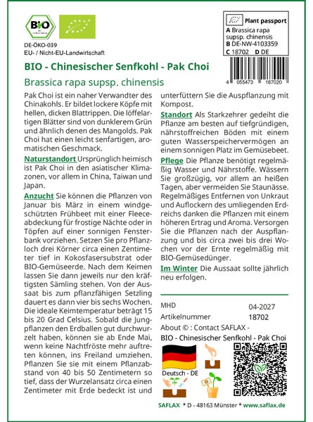 SAFLAX  - BIO - Chinesischer Senfkohl - Pak Choi - Brassica rapa supsp. chinensis - 300 Samen