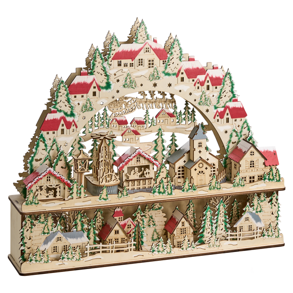Weihnachtsschwibbogen aus Holz mit beleuchteter Winterdorf-Szenerie und Weihnachtsmotiv für die Fensterdekoration