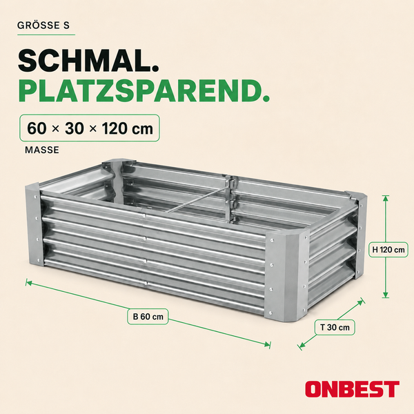 Schmales, platzsparendes Hochbeet aus Metall in Größe S mit den Maßen 60 mal 30 mal 120 Zentimeter. ONBEST Logo.