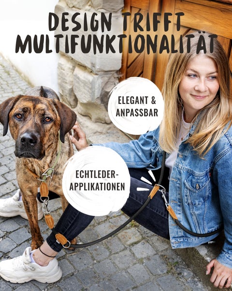 Frau mit Hund an der Leine mit Echtlederapplikationen