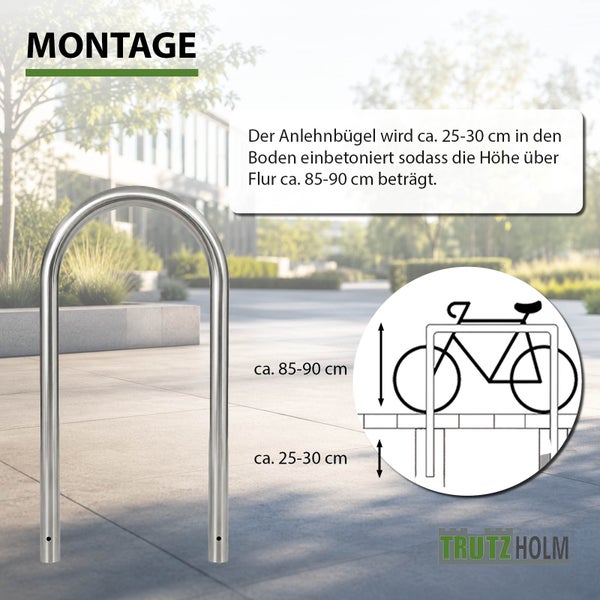 Montageanleitung für den Trutz Holm Fahrradanlehnbügel mit Maßangaben zur Einbetontiefe und Höhe über Boden.