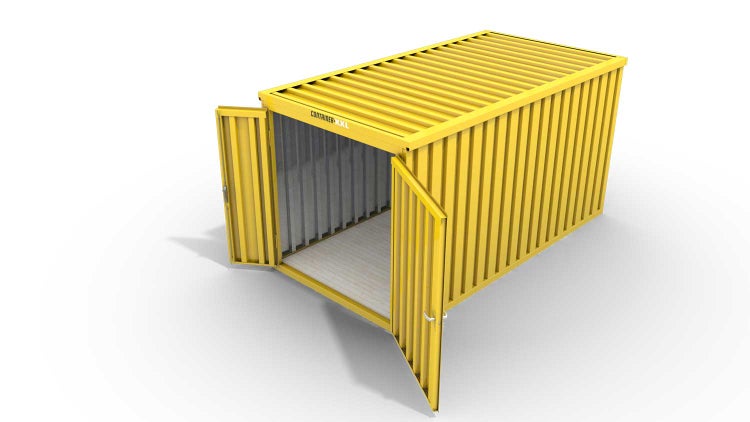 Lagercontainer Gerätehaus XXL  – 12 qm, H2150 x B6080 x T2170 mm, Außenwandlackierung RAL 1003 signalgelb, Dach außen verzinkt, mit Holzfußboden, 1830 mm Doppelflügeltür mittig in Stirnseite, montiert