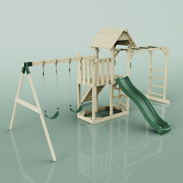 Spielplatz mit Schaukel, Rutsche, Kletterturm und Leiter