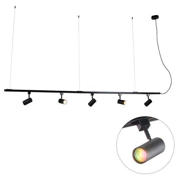 Schwarze LED-Pendelleuchte mit 5 verstellbaren Spotlights am Schienensystem.