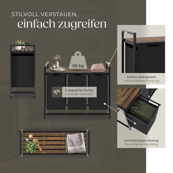 Wäschekorb mit drei Fächern, Stahlgestell und Ablagefläche aus Holz