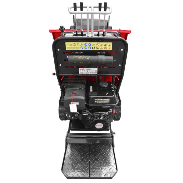 Rückansicht des roten Hecht Minidumpers mit Bedienpanel, Hebeln, schwarzem Motor mit Hecht Logo und Trittbrett.