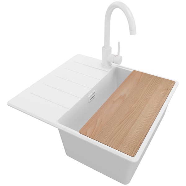 PRIMAGRAN Granitspüle Alles Weiß 55x50cm, Spülbecken 1 Becken + Küchenarmatur 32x20cm + Ablauf-Set + Schneidebrett, Küchenspüle ab 40er Unterschrank - Kopenhagen