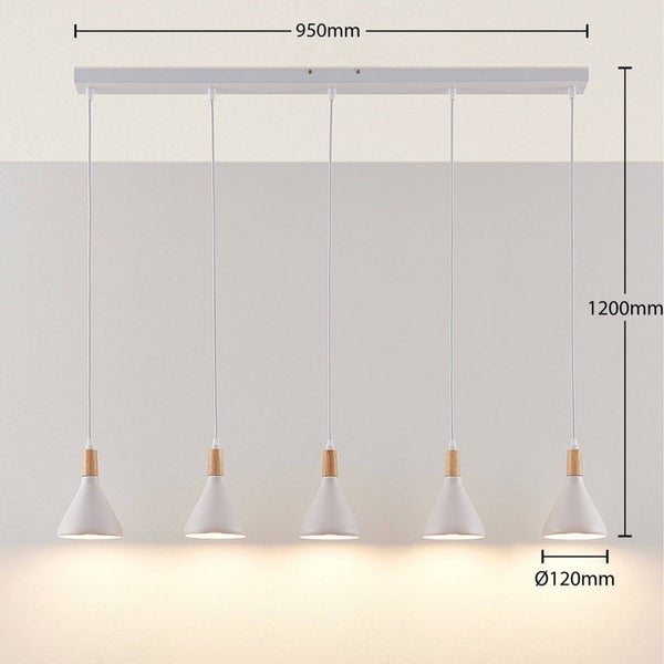 Pendelleuchte mit fünf Lampen, Gesamtlänge 950 mm, Lampenschirmdurchmesser 120 mm, Lampenschirmhöhe 1200 mm