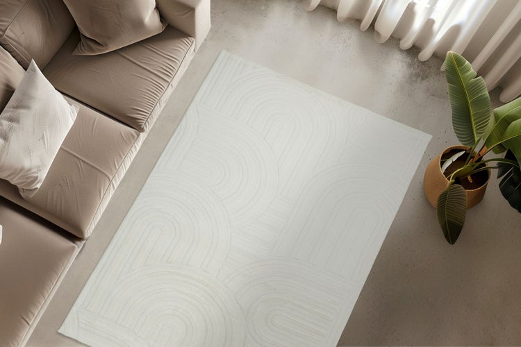 Wohnzimmer mit Teppich mit geometrischem Muster, Sofa und Zimmerpflanze in einer hellen, organisierten Wohnumgebung