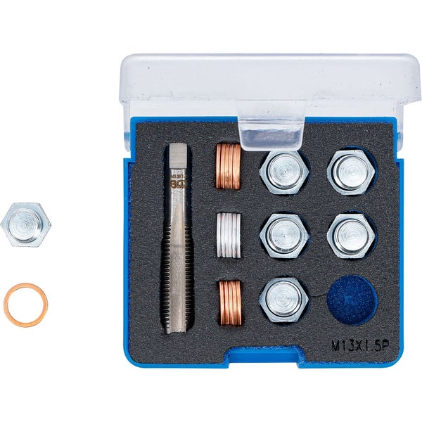 Gewindereparatur-Satz M13x1.5P in blauer Box mit Gewindebohrer, Gewindeeinsätzen und Werkzeug