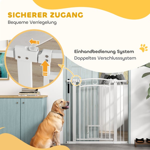 PawHut Türschutzgitter Hund, 76-104 cm Absperrgitter ohne Bohren, Treppengitter aus Stahl, Treppenschutzgitter mit Katzentür, Schutzgitter, Sicherheitsgitter für Treppen, Tür, Flur, Weiß