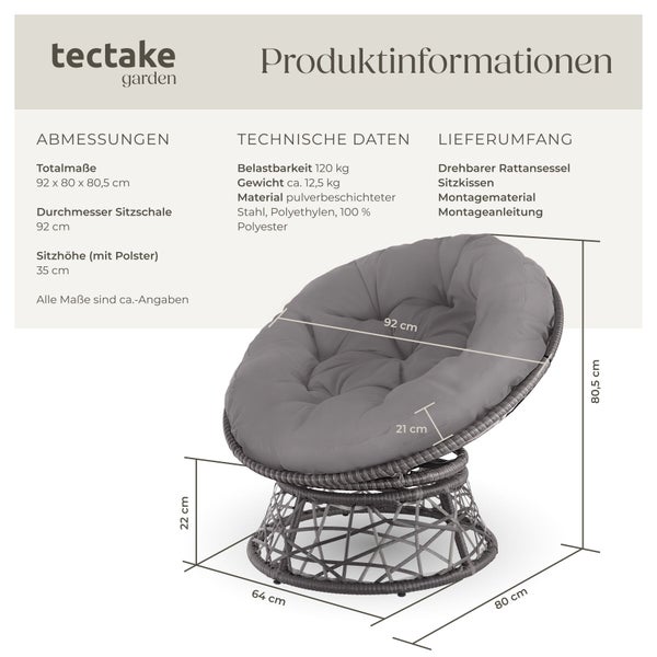 Infografik für einen tectake garden Rattansessel mit Abmessungen circa 92 mal 80 mal 80,5 Zentimeter, technischen Daten und Lieferumfang.
