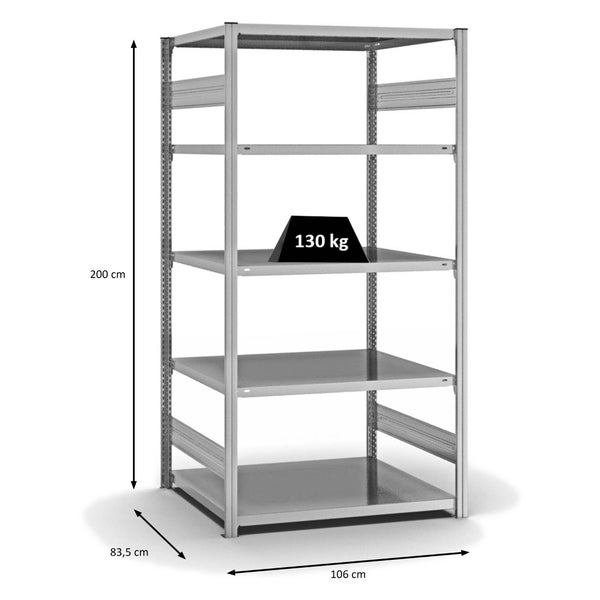 PROREGAL Fachbodenregal Stecksystem T-Profil Light-Duty Grundregal HxBxT 200 x 100 x 80 cm 5 Ebenen Fachlast 130 kg Beidseitig Nutzbar Verzinkt