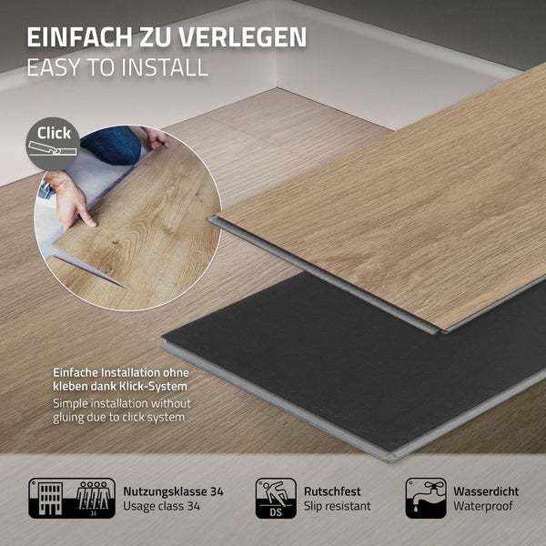 ML-Design Deluxe PVC Bodenbelag, Click Vinyl-Dielen, Vinylboden, 122 cm x 18 cm x 4,2 mm, Dicke 4,2mm, 1,54m²/7 Dielen, Golden Hour Eiche, Braun, Holzoptik, rutschfest, wasserfest, Belastungsklasse 34