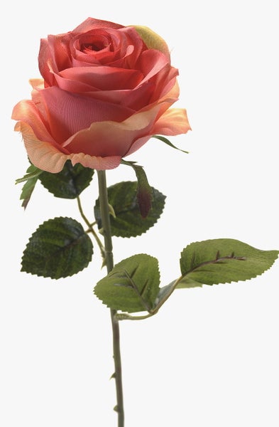 Künstliche Rose mit roter Blüte, grünem Stiel und Blättern für die Dekoration.