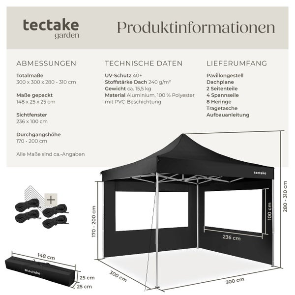 Produktinformationen zum tectake Pavillon mit Abmessungen 300 mal 300 mal 280 bis 310 Zentimeter, technischen Daten und Lieferumfang.