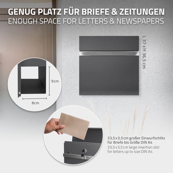 Briefkasten mit ausreichend Platz für Briefe und Zeitungen, Größe 37 x 36,5 Zentimeter