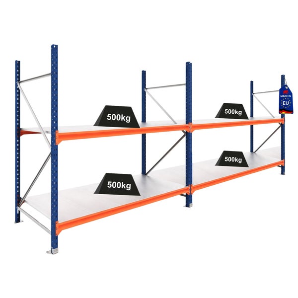 Weitspannregal mit zwei Feldern und zwei Ebenen, Tragkraft von 500 Kilogramm pro Boden, blaue Ständer und orangefarbene Traversen.