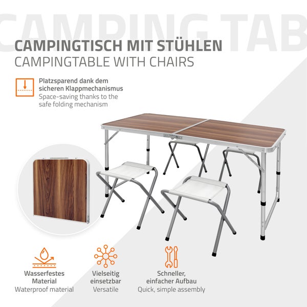 ECD Germany Campingtisch Set mit 4 Hocker, 120x60x55/63/70 cm höhenverstellbar, klappbar, Holzdekor, aus Aluminium und MDF, Campingmöbel Set Klappmöbel Klapptisch Falttisch Gartentisch mit 4 Stühle
