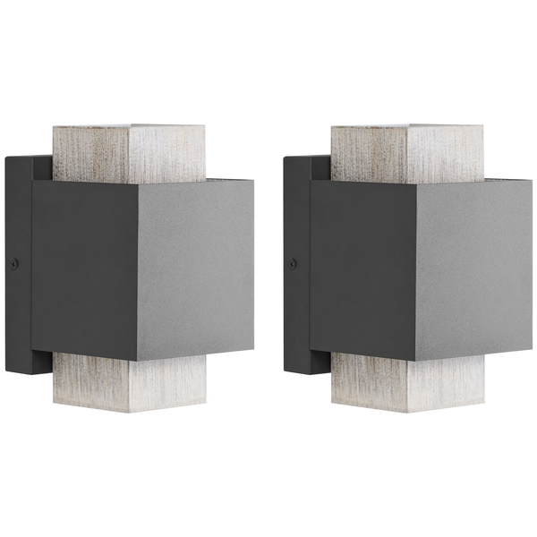 Set aus zwei modernen Wandleuchten in Würfelform aus Metall mit Elementen in Holzoptik, Up-and-Down-Lichtaustritt.
