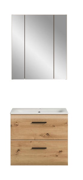 Badezimmermöbel-Set bestehend aus dreitürigem Spiegelschrank und Waschbeckenunterschrank in Eichenoptik mit zwei Schubladen und weißem Becken.