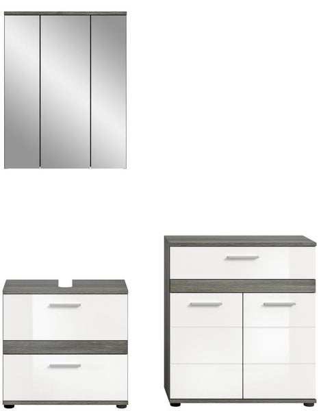 Badezimmermöbel-Set bestehend aus dreitürigem Spiegelschrank, Waschbeckenunterschrank mit zwei Schubladen und Beistellschrank in Weiß und Grau.