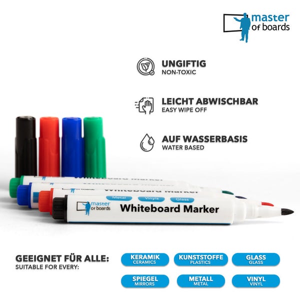 Master of Boards Logo, Whiteboard-Marker, ungiftig, auf Wasserbasis, leicht abwischbar, für Keramik, Kunststoff, Glas, Spiegel, Metall und Vinyl.